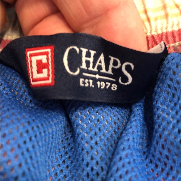 Chaps preppy plaid board shorts swim trunks pockets self adhesive waist SZ LG - Picture 8 of 16